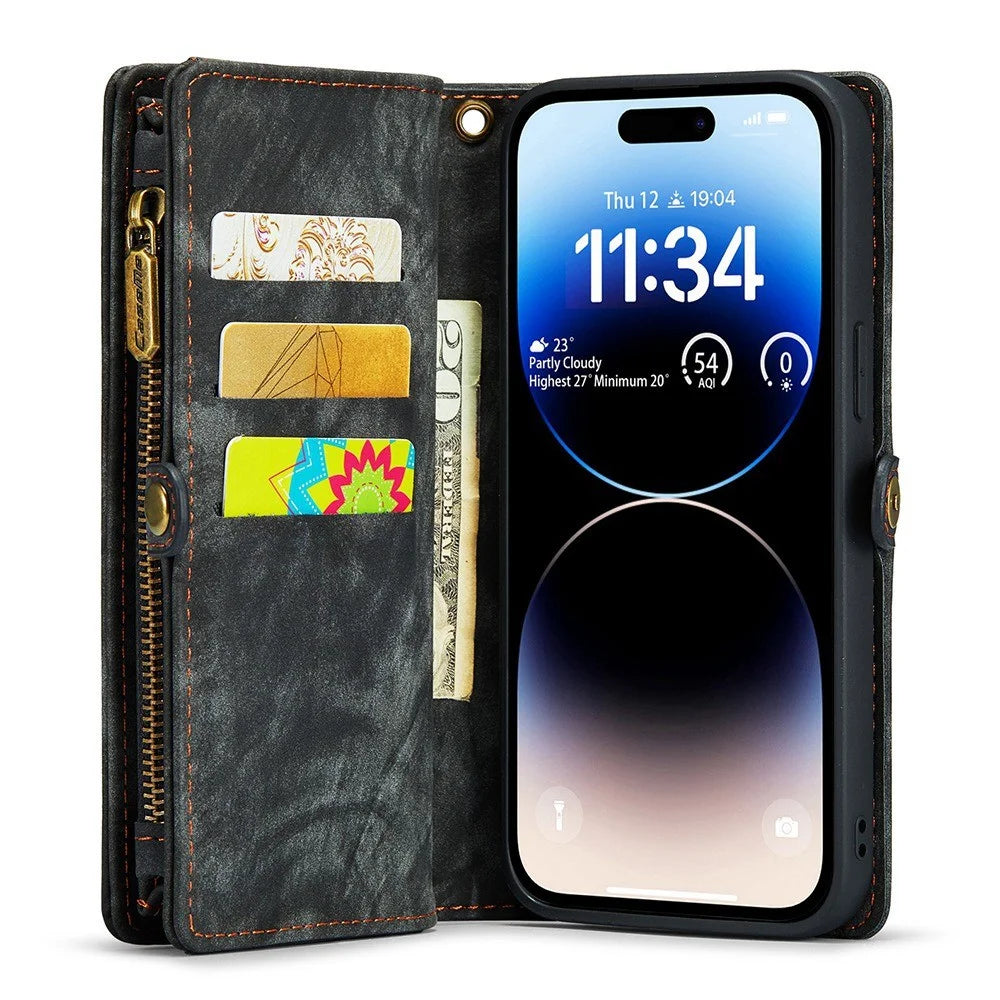 CASEME 008 Series For iPhone 12 Zipper Pocket Phone Case Wallet Stand TPU+PU Leather Magnetic Detachable Cover - Black - 3