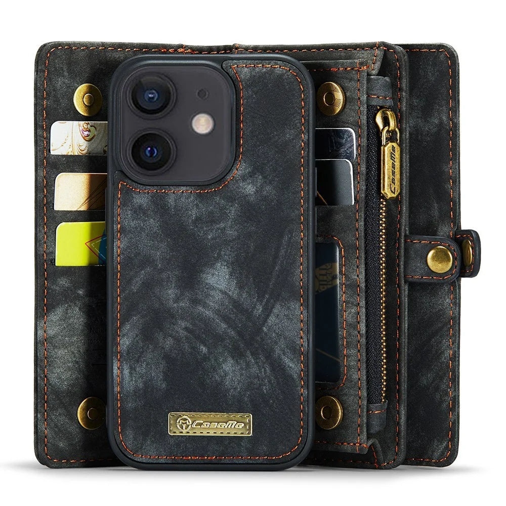 CASEME 008 Series For iPhone 12 Zipper Pocket Phone Case Wallet Stand TPU+PU Leather Magnetic Detachable Cover - Black - 4