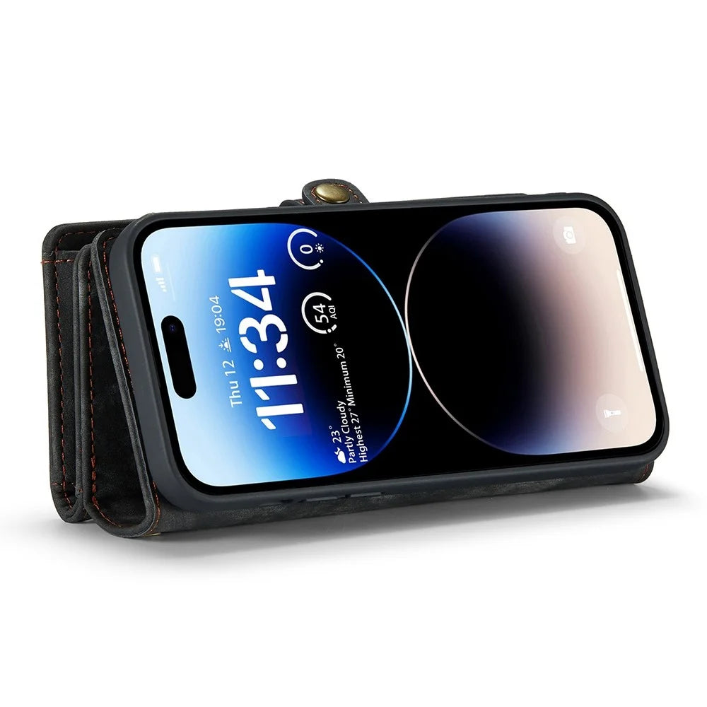CASEME 008 Series For iPhone 12 Zipper Pocket Phone Case Wallet Stand TPU+PU Leather Magnetic Detachable Cover - Black - 5
