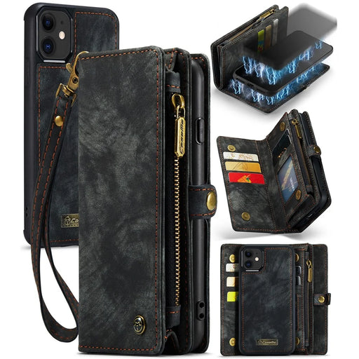 CASEME 008 Series PU Leather Magnetic Multi-function Zipper Wallet Detachable Stand Case for iPhone 12 mini 5.4 inch - Black - 1