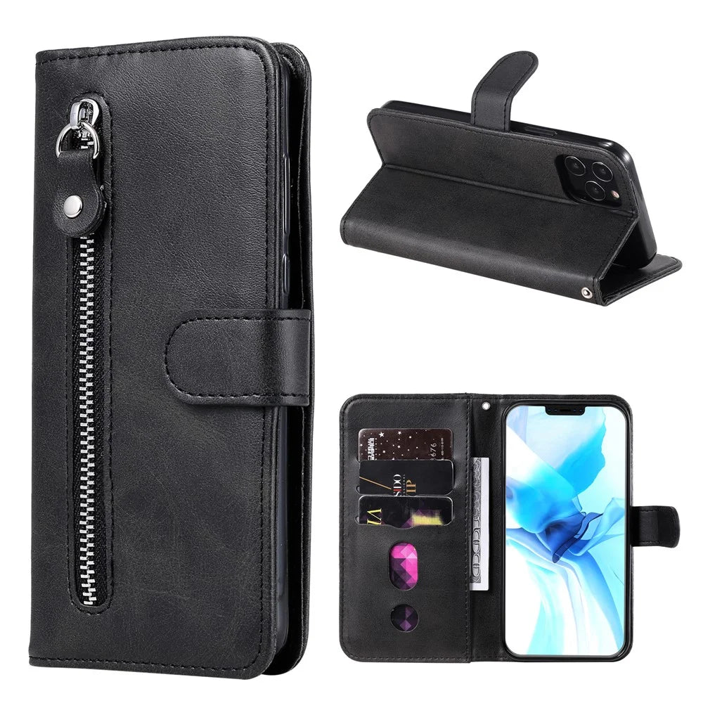Zipper Pocket Leather Protector Wallet Stand Cover for iPhone 12 Pro/12 - Black - 1