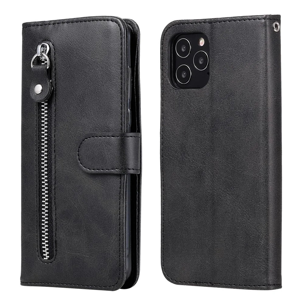 Zipper Pocket Leather Protector Wallet Stand Cover for iPhone 12 Pro/12 - Black - 2