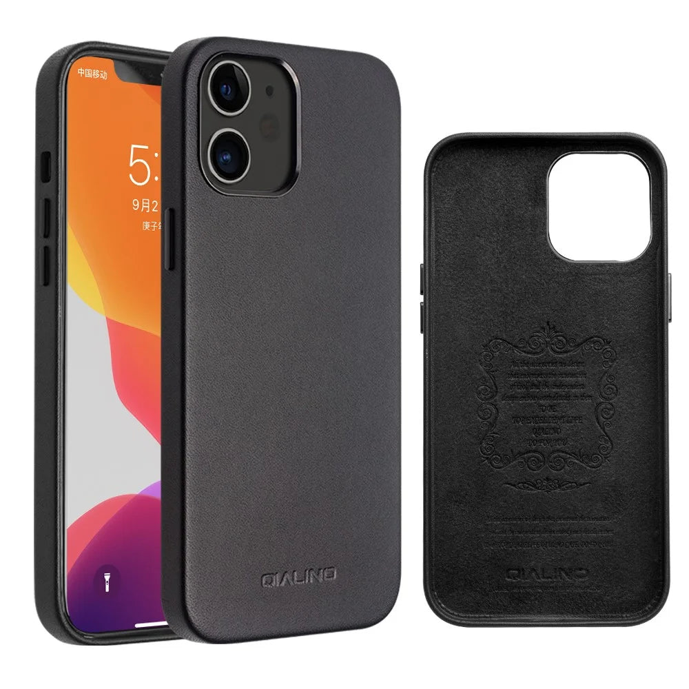 QIALINO Cowhide Leather Coated PC Case for iPhone 12 mini 5.4 inch, Anti-scratch Protective Phone Cover - Black - 1