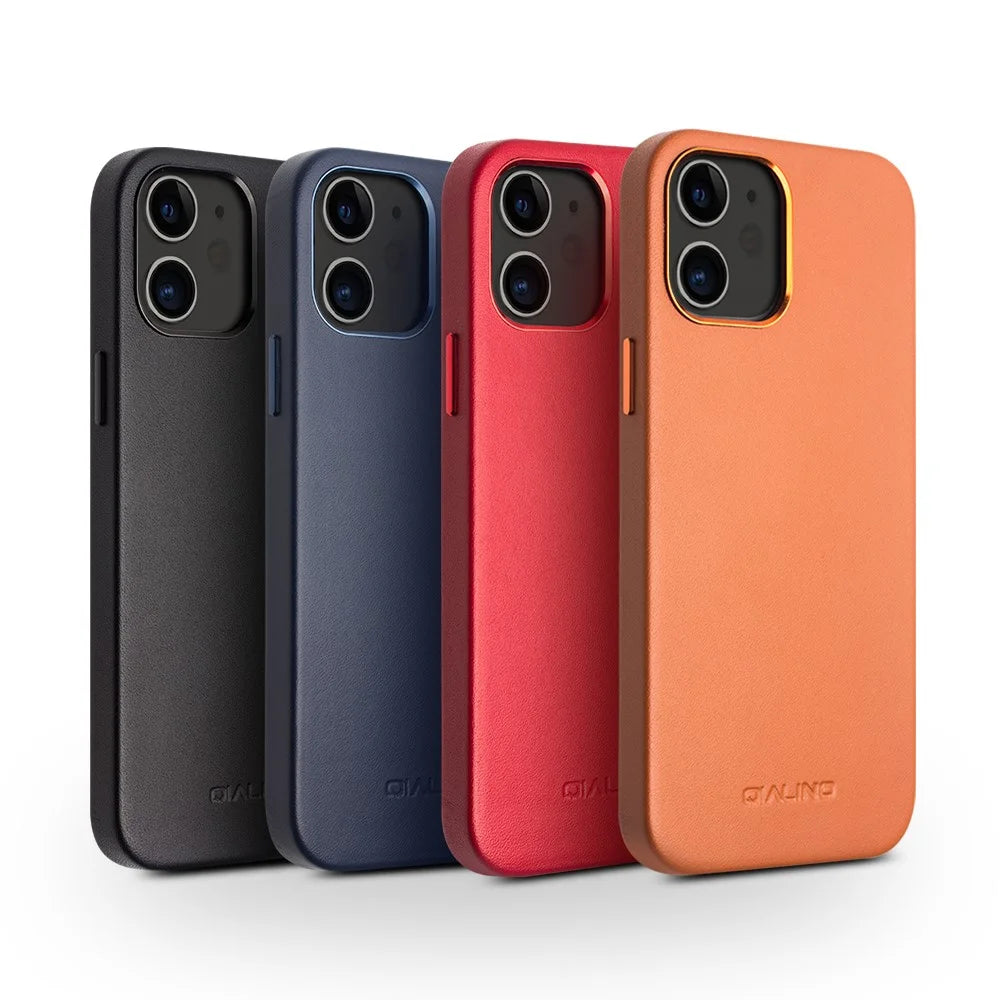 QIALINO Cowhide Leather Coated PC Case for iPhone 12 mini 5.4 inch, Anti-scratch Protective Phone Cover - Black - 6