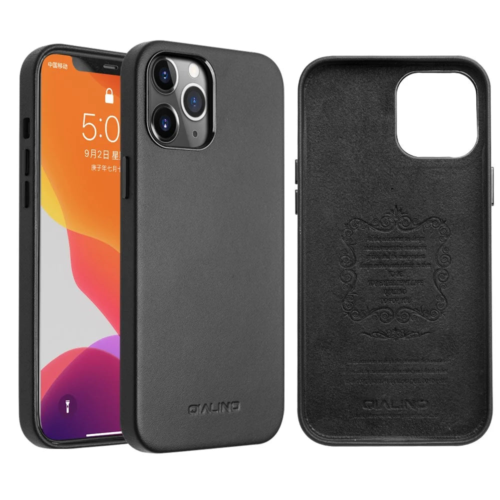 QIALINO High-quality Cowhide Leather Coated PC Phone Cover Anti-scratch Shockproof Phone Case for iPhone 12 Pro Max - Black - 1