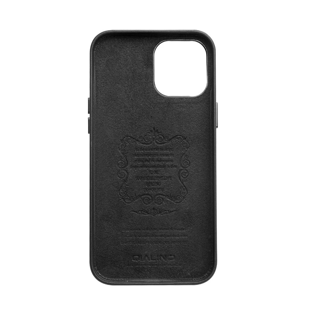 QIALINO High-quality Cowhide Leather Coated PC Phone Cover Anti-scratch Shockproof Phone Case for iPhone 12 Pro Max - Black - 5