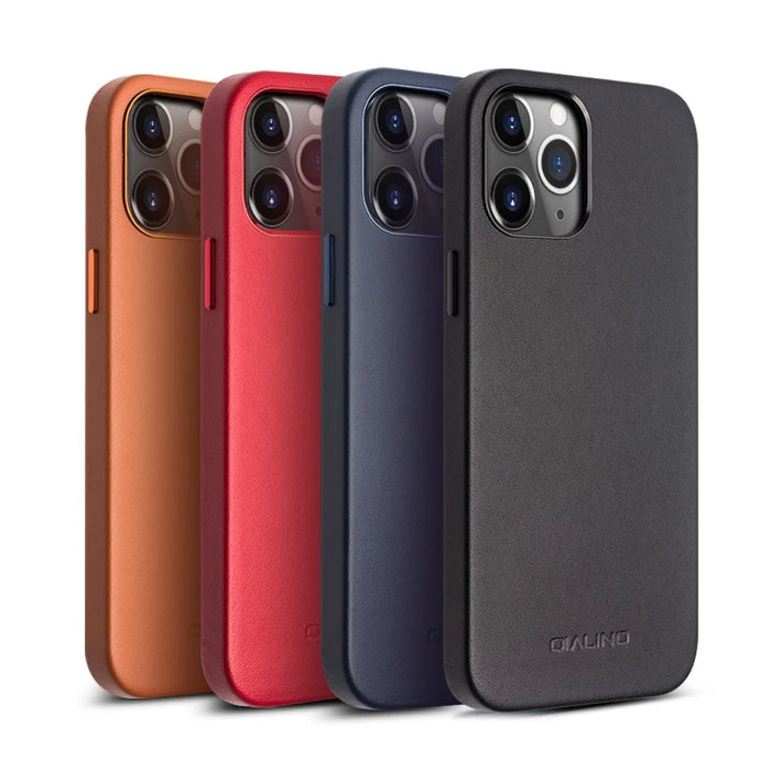 QIALINO High-quality Cowhide Leather Coated PC Phone Cover Anti-scratch Shockproof Phone Case for iPhone 12 Pro Max - Black - 6