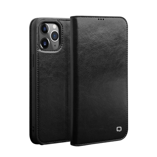 QIALINO For iPhone 12 Pro Max 6.7 inch Genuine Cowhide Leather Phone Case Wallet Stand Shockproof Protective Cover - Black - 1