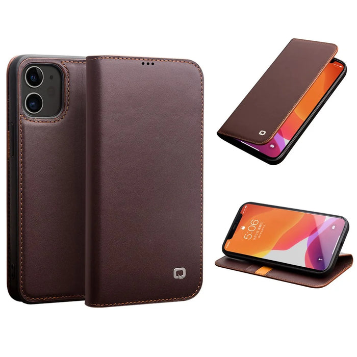 QIALINO For iPhone 12 Pro 6.1 inch / 12 6.1 inch Wallet Case Stand Genuine Cow Leather Flip Phone Cover - Brown - 1