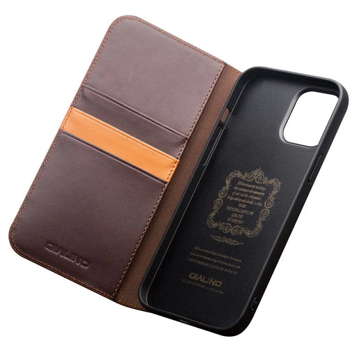 QIALINO For iPhone 12 Pro 6.1 inch / 12 6.1 inch Wallet Case Stand Genuine Cow Leather Flip Phone Cover - Brown - 2