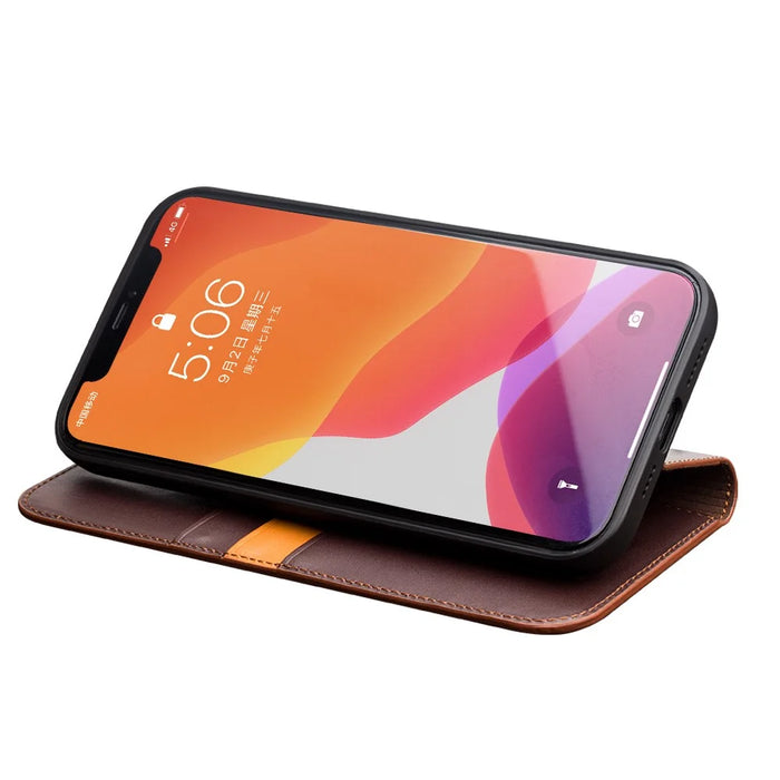 QIALINO For iPhone 12 Pro 6.1 inch / 12 6.1 inch Wallet Case Stand Genuine Cow Leather Flip Phone Cover - Brown - 4