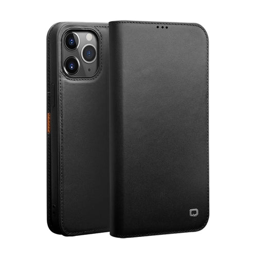QIALINO For iPhone 12 Pro Max 6.7 inch Wallet Case Stand Genuine Cow Leather Flip Phone Cover - Black - 1