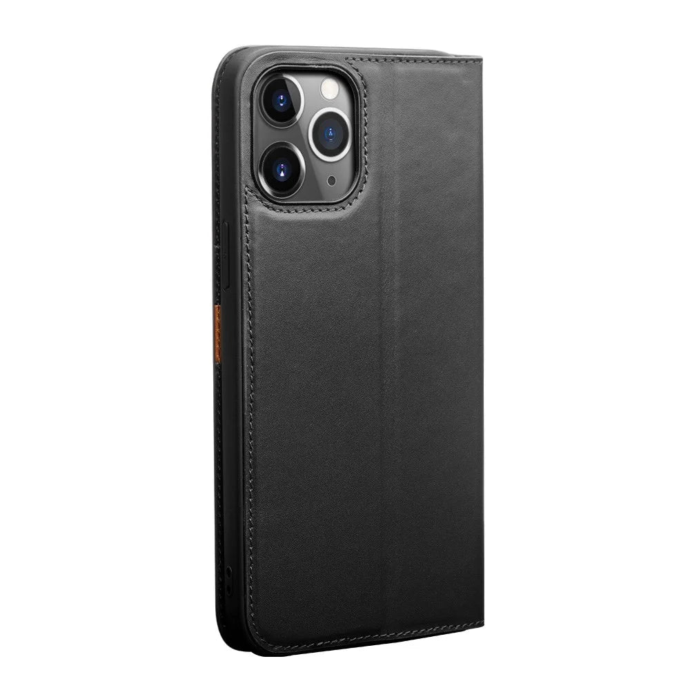 QIALINO For iPhone 12 Pro Max 6.7 inch Wallet Case Stand Genuine Cow Leather Flip Phone Cover - Black - 3