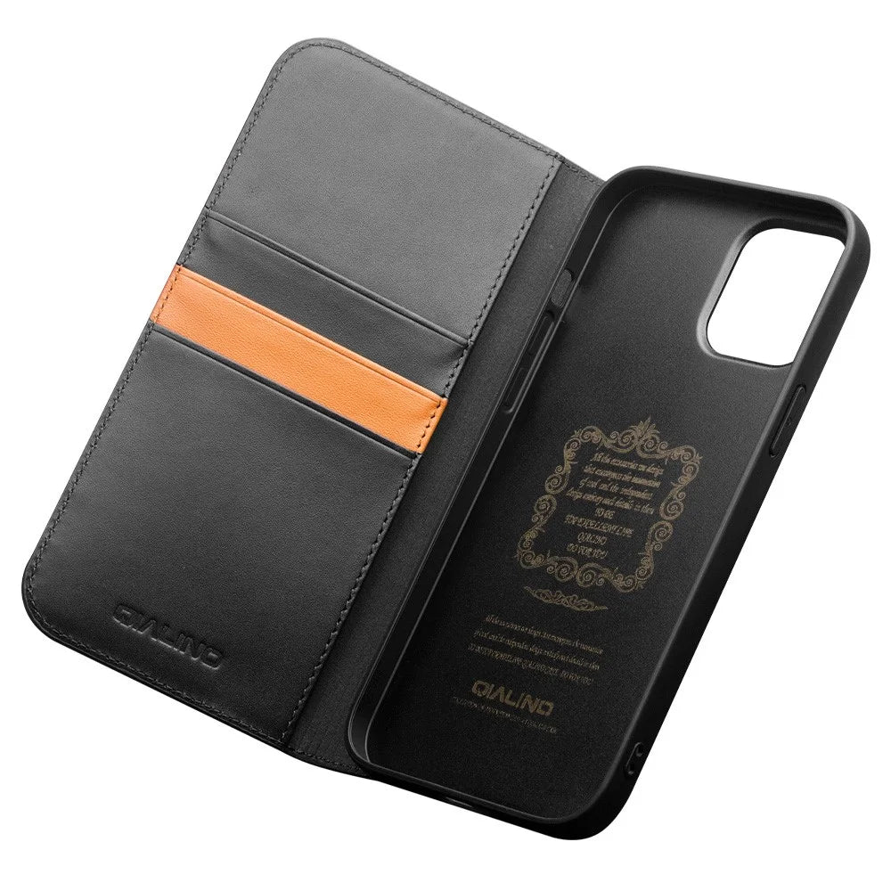QIALINO For iPhone 12 Pro Max 6.7 inch Wallet Case Stand Genuine Cow Leather Flip Phone Cover - Black - 4