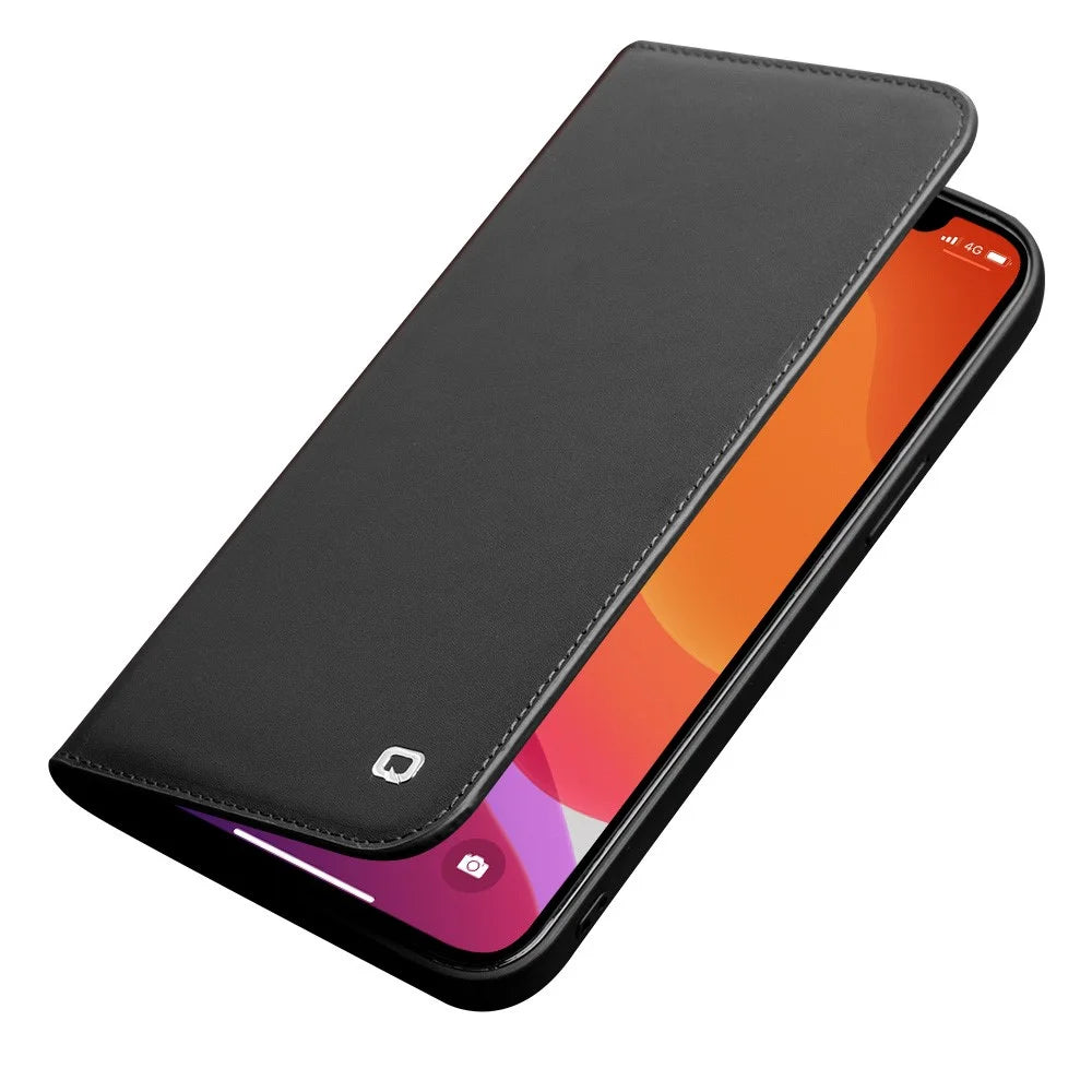 QIALINO For iPhone 12 Pro Max 6.7 inch Wallet Case Stand Genuine Cow Leather Flip Phone Cover - Black - 6