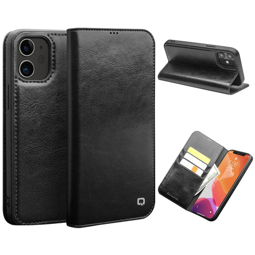 QIALINO For iPhone 12 mini 5.4 inch Genuine Cowhide Leather Case Wallet Stand Phone Cover - Black - 1