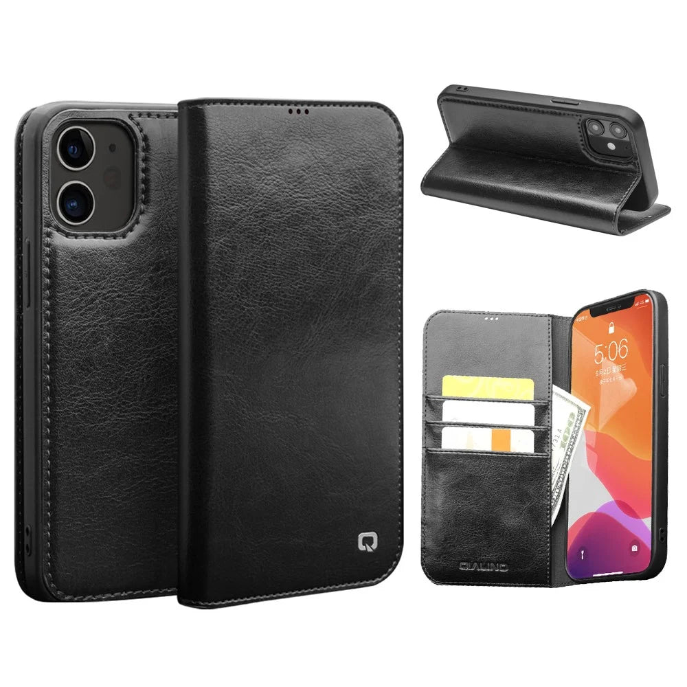 QIALINO For iPhone 12 / 12 Pro Genuine Cow Leather Wallet Case Folio Book Stand Flip Phone Cover - Black - 1
