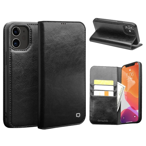 QIALINO For iPhone 12 / 12 Pro Genuine Cow Leather Wallet Case Folio Book Stand Flip Phone Cover - Black - 1