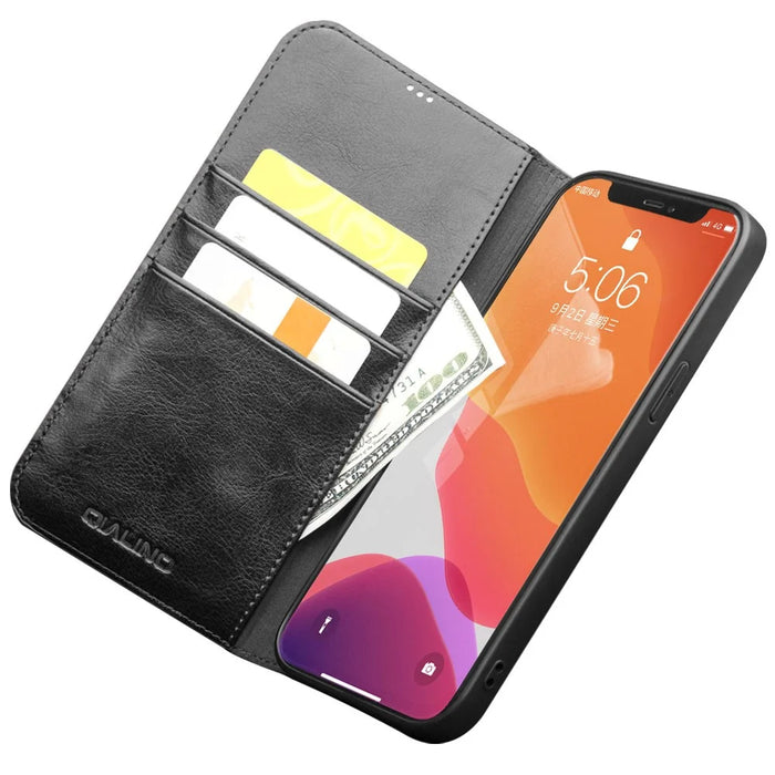 QIALINO For iPhone 12 / 12 Pro Genuine Cow Leather Wallet Case Folio Book Stand Flip Phone Cover - Black - 2