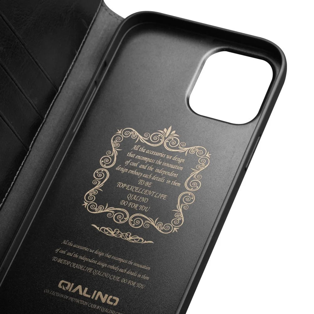 QIALINO For iPhone 12 / 12 Pro Genuine Cow Leather Wallet Case Folio Book Stand Flip Phone Cover - Black - 3