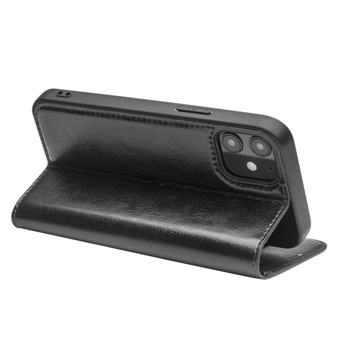 QIALINO For iPhone 12 / 12 Pro Genuine Cow Leather Wallet Case Folio Book Stand Flip Phone Cover - Black - 5
