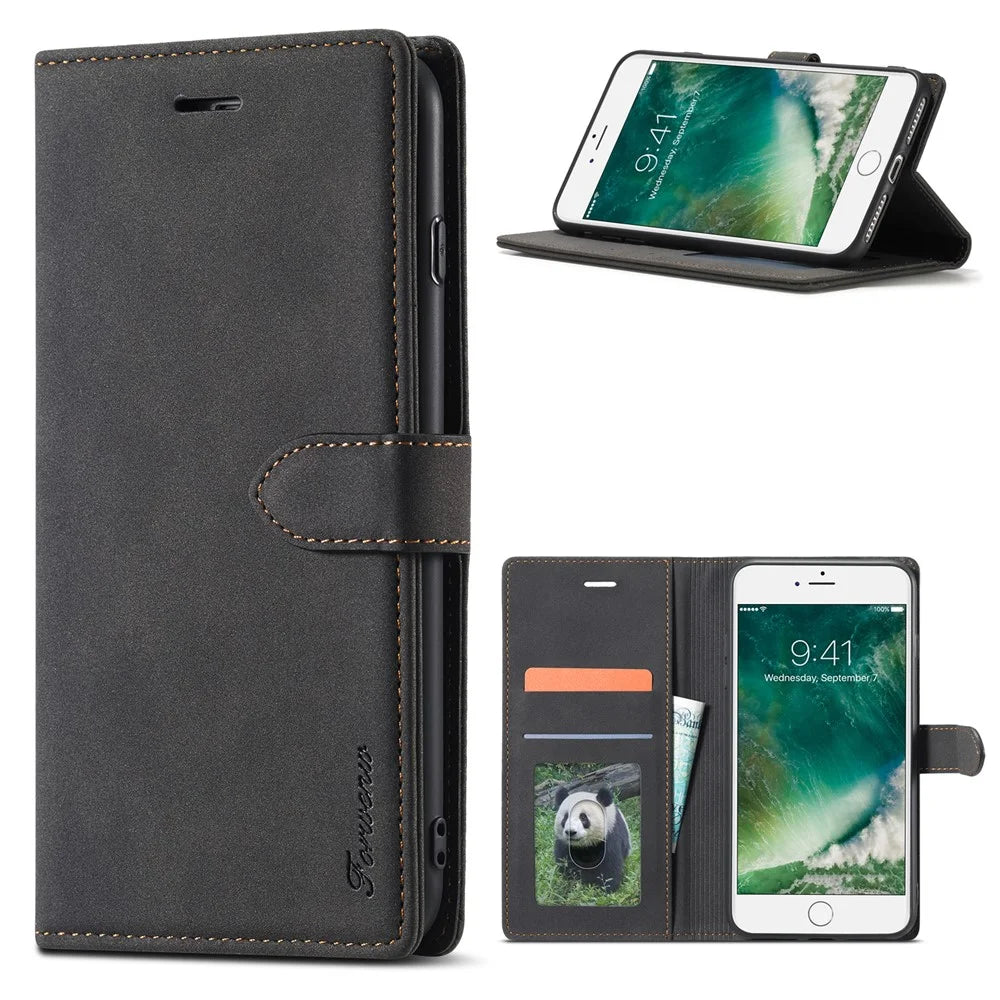 FORWENW F1 Series Leather Wallet Stand Cover Case for iPhone 7 / 8 / SE (2020)/SE (2022) - Black - 1