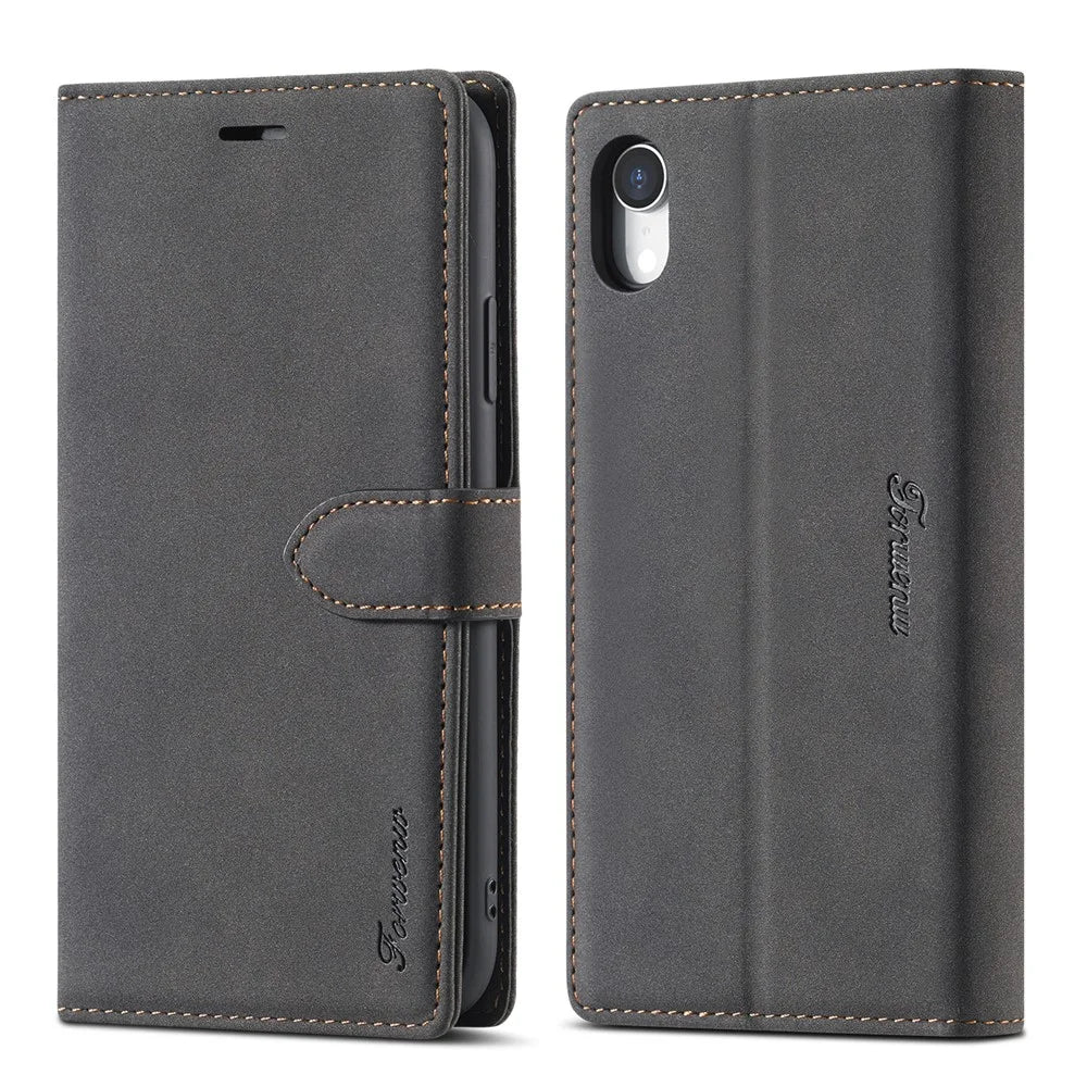 FORWENW F1 Series Case for iPhone XR 6.1 inch Leather Wallet Stand Cover - Black - 1