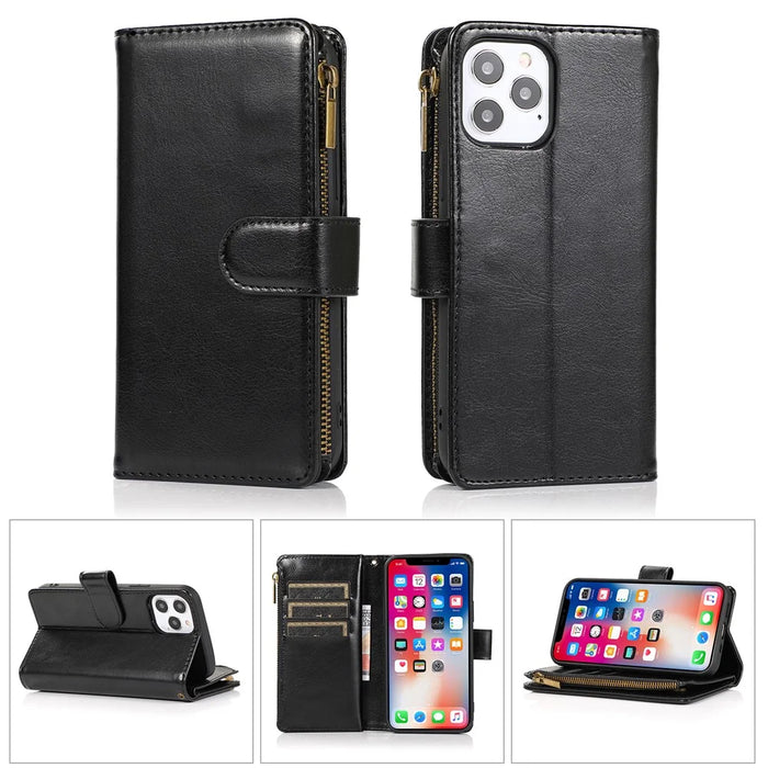 Crazy Horse Leather Coated TPU Wallet Phone Stand Case with 9 Card Slots Kickstand Shell for iPhone 12 Pro Max - Black - 1