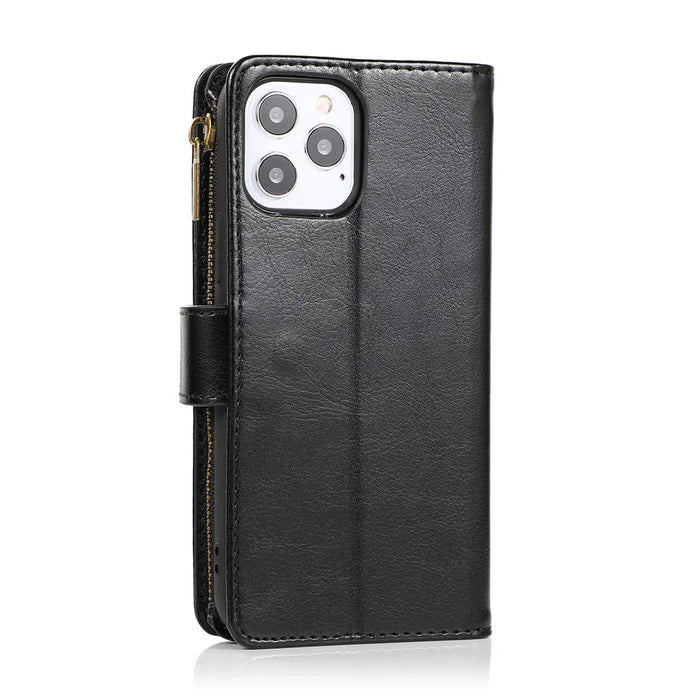 Crazy Horse Leather Coated TPU Wallet Phone Stand Case with 9 Card Slots Kickstand Shell for iPhone 12 Pro Max - Black - 3