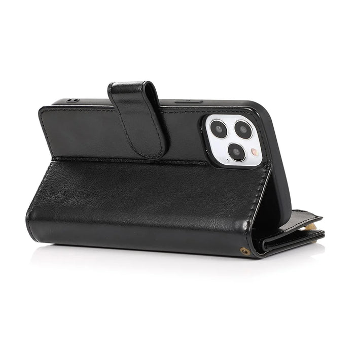 Crazy Horse Leather Coated TPU Wallet Phone Stand Case with 9 Card Slots Kickstand Shell for iPhone 12 Pro Max - Black - 4
