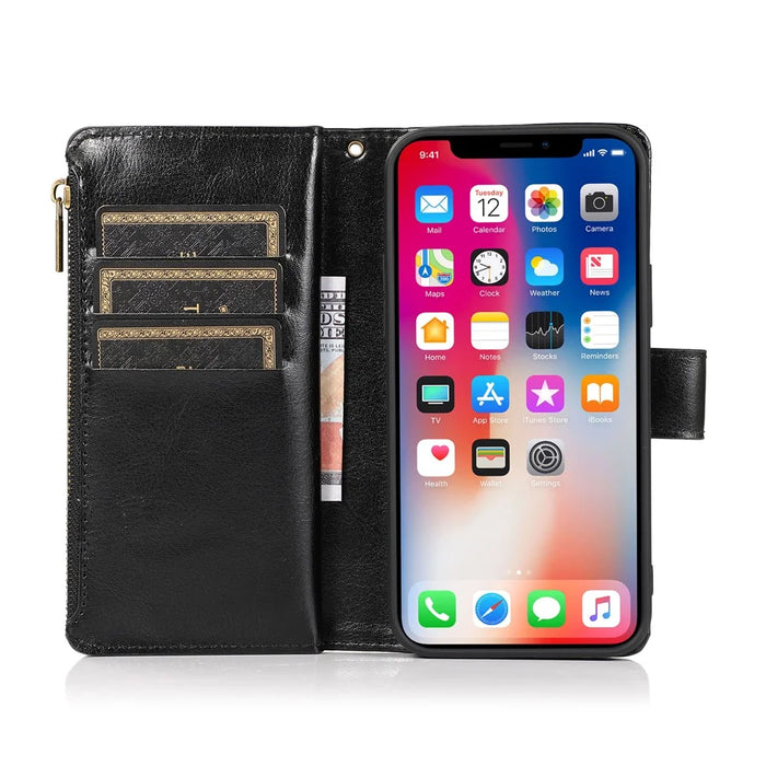 Crazy Horse Leather Coated TPU Wallet Phone Stand Case with 9 Card Slots Kickstand Shell for iPhone 12 Pro Max - Black - 5