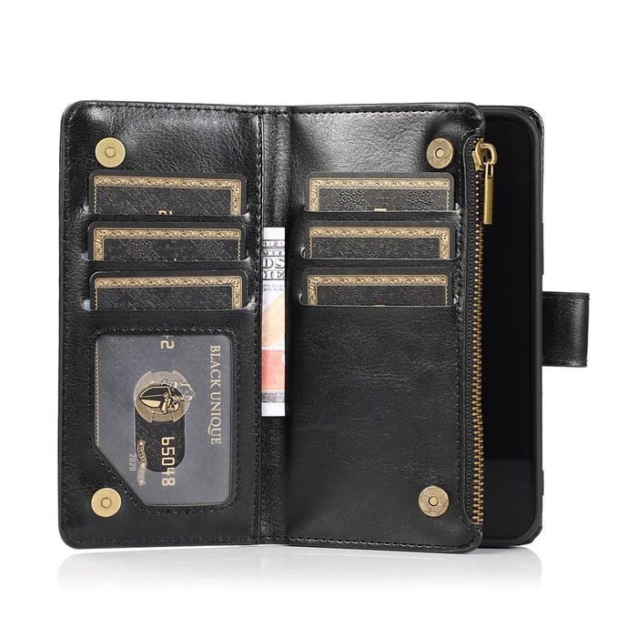 Crazy Horse Leather Coated TPU Wallet Phone Stand Case with 9 Card Slots Kickstand Shell for iPhone 12 Pro Max - Black - 6