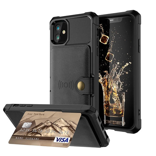 Kickstand Leather Coated TPU Cover with Card Holder [Built-in Magnetic Sheet] for iPhone 12 Pro Max 6.7 inch - Black - 1