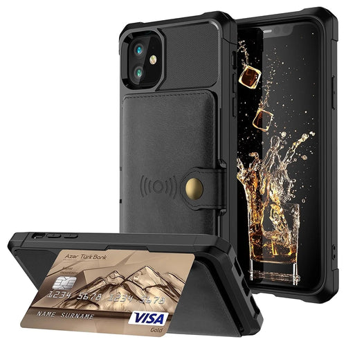 Leather Coated TPU with Wallet Kickstand Built-in Magnetic Sheet Cover for iPhone 12 Pro/12 - Black - 1