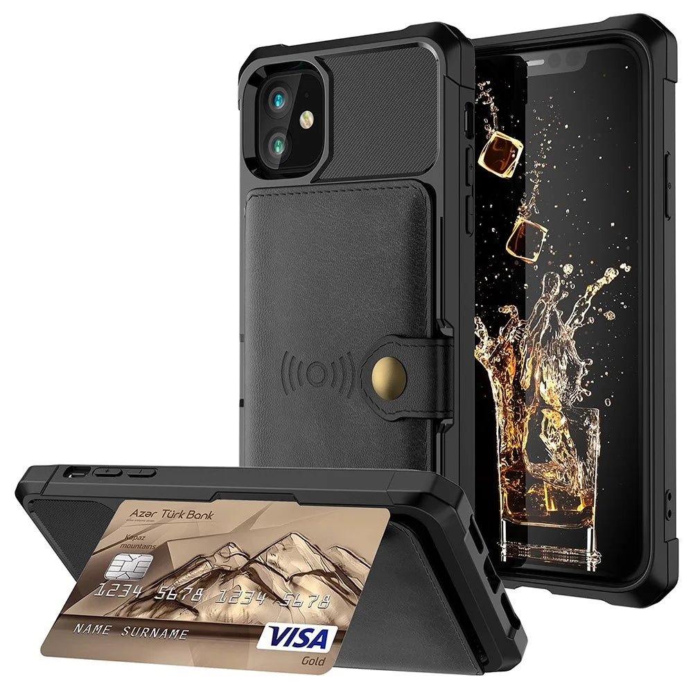 Leather Coated TPU with Wallet Kickstand Built-in Magnetic Sheet Cover for iPhone 12 Pro/12 - Black - 1
