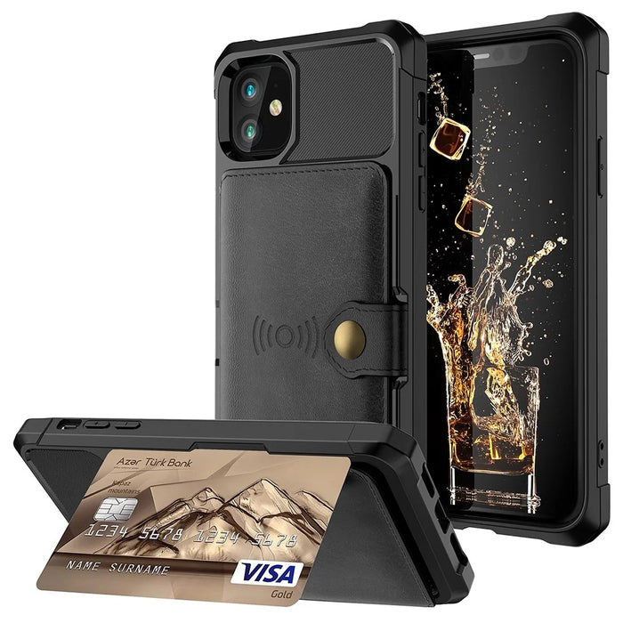 Leather Coated TPU with Wallet Kickstand Built-in Magnetic Sheet Cover for iPhone 12 Pro/12 - Black - 1