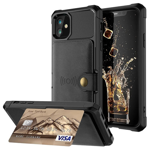 Kickstand Leather Coated TPU Protector Cover with Card Holder [Built-in Magnetic Sheet] for iPhone 12 mini - Black - 1