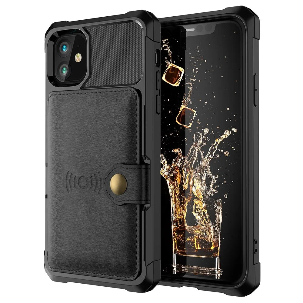 Kickstand Leather Coated TPU Protector Cover with Card Holder [Built-in Magnetic Sheet] for iPhone 12 mini - Black - 2