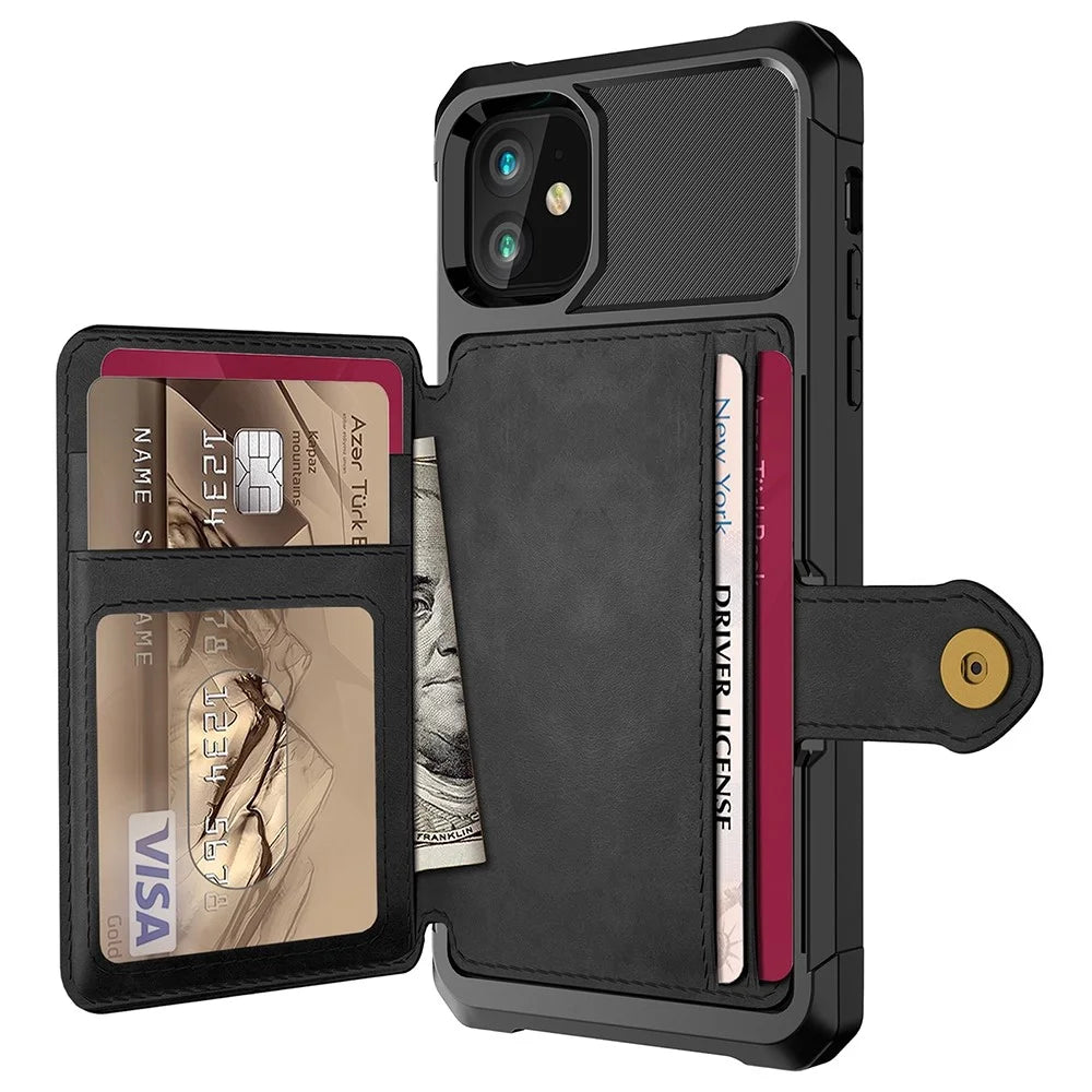 Kickstand Leather Coated TPU Protector Cover with Card Holder [Built-in Magnetic Sheet] for iPhone 12 mini - Black - 3