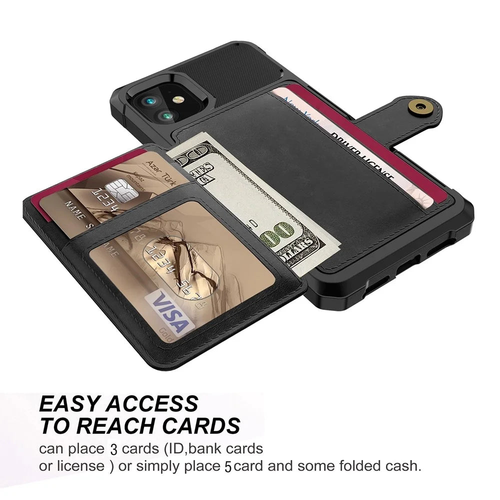 Kickstand Leather Coated TPU Protector Cover with Card Holder [Built-in Magnetic Sheet] for iPhone 12 mini - Black - 5