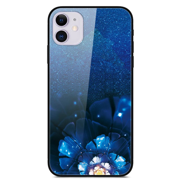 Pattern Printing Tempered Glass + TPU + PC Combo Phone Cover for iPhone 12 Pro/12 - Blue Flowers - 1