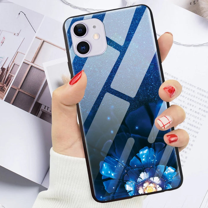 Pattern Printing Tempered Glass + TPU + PC Combo Phone Cover for iPhone 12 Pro/12 - Blue Flowers - 2