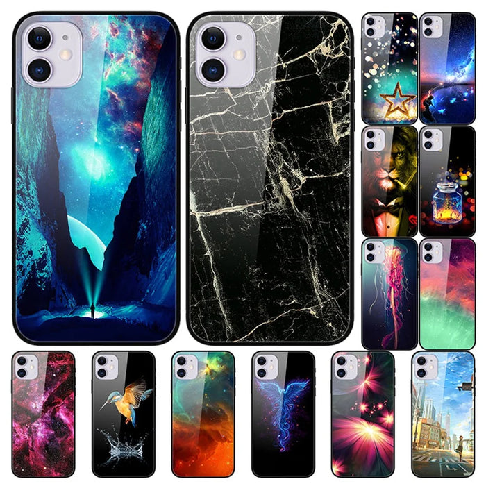 Pattern Printing Tempered Glass + TPU + PC Combo Phone Cover for iPhone 12 Pro/12 - Blue Flowers - 5