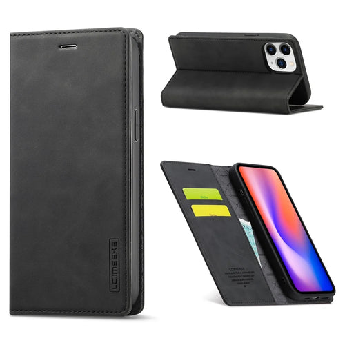 LC.IMEEKE Auto-absorbed Wallet Stand Leather Mobile Cover for iPhone 12 Pro Max - Black - 1