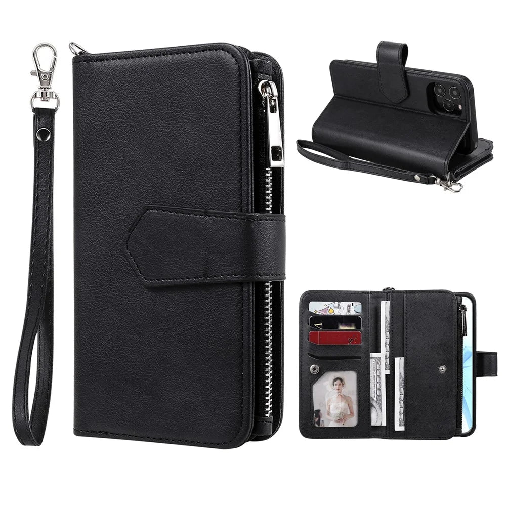 For iPhone 12 / 12 Pro Magnetic Leather Case Mobile Cover with Detachable Zipper Wallet Strap - Black - 1