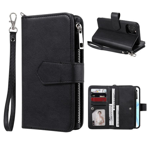 For iPhone 12 / 12 Pro Magnetic Leather Case Mobile Cover with Detachable Zipper Wallet Strap - Black - 1