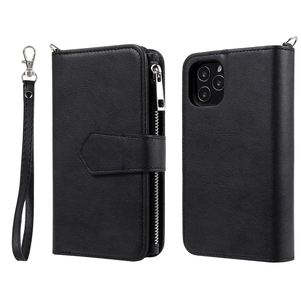 For iPhone 12 / 12 Pro Magnetic Leather Case Mobile Cover with Detachable Zipper Wallet Strap - Black - 2