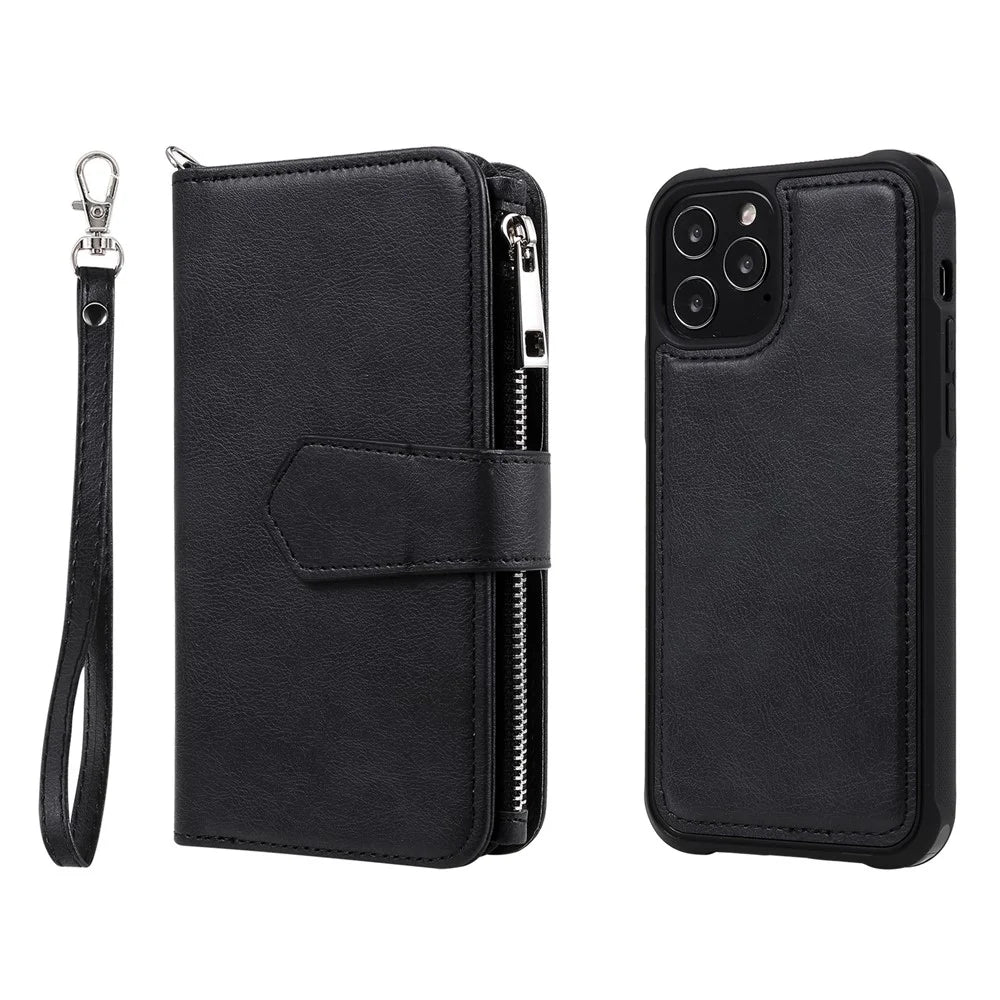 For iPhone 12 / 12 Pro Magnetic Leather Case Mobile Cover with Detachable Zipper Wallet Strap - Black - 3