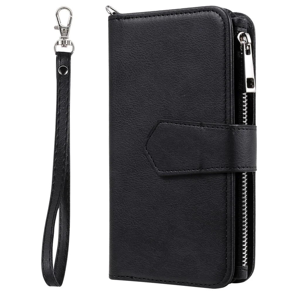 For iPhone 12 / 12 Pro Magnetic Leather Case Mobile Cover with Detachable Zipper Wallet Strap - Black - 4