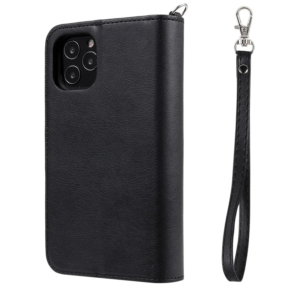 For iPhone 12 / 12 Pro Magnetic Leather Case Mobile Cover with Detachable Zipper Wallet Strap - Black - 5
